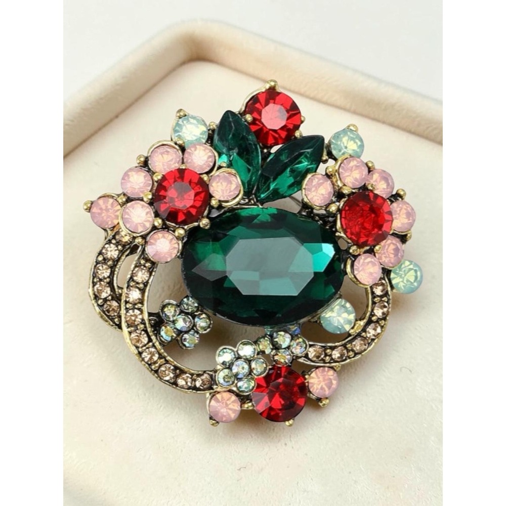 Garden Floral Brooch Gold Tone Green‎ Crystal Pink Red Rhinestone Jewelry